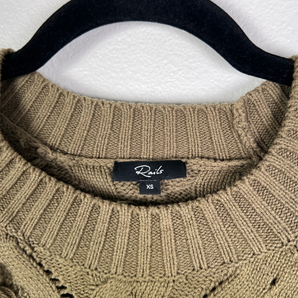 Rails Francis Cable Knit Fringe Sweater Olive Green XS Pullover‎ Crew Neck - Picture 3 of 7